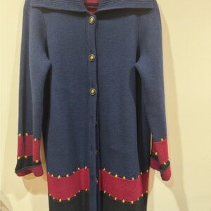 Tory Burch Navy and Red Cardigan with Gold Accents